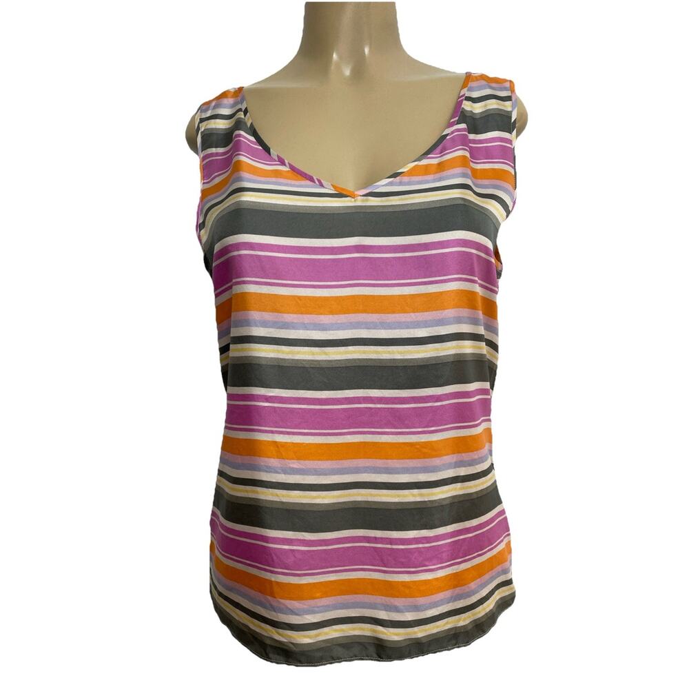 Lafayette 148 Silk Top Striped V Neck Sleeveless Blouse Orange Gray Pink…